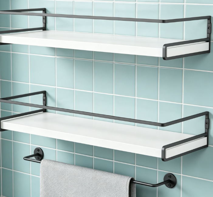 White Floating Shelf & Wall-Mounted Towel Bar (2-in-1) - Image 2