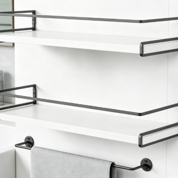 White Floating Shelf & Wall-Mounted Towel Bar (2-in-1)