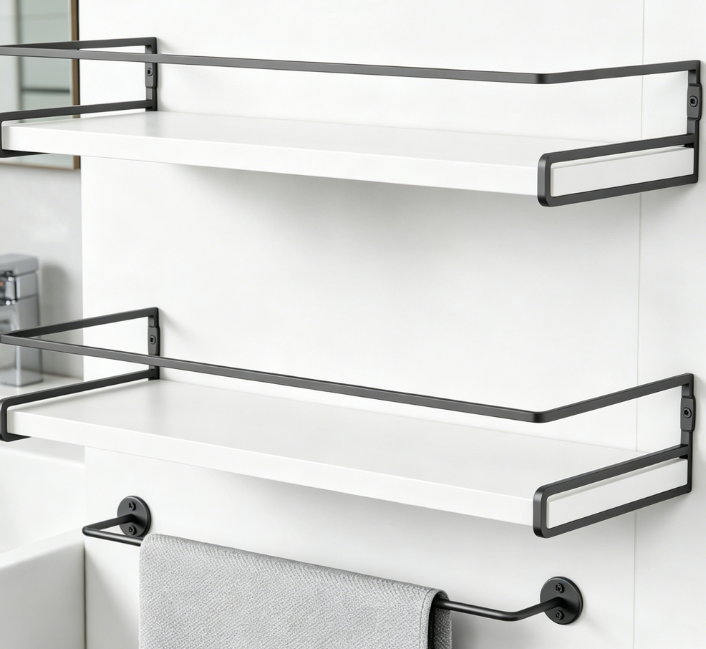 White Floating Shelf & Wall-Mounted Towel Bar (2-in-1)