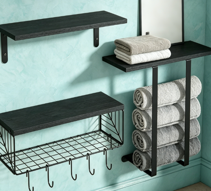 Floating Toilet Rack with Towel Bar — Black Wall-Mounted Style - Image 2