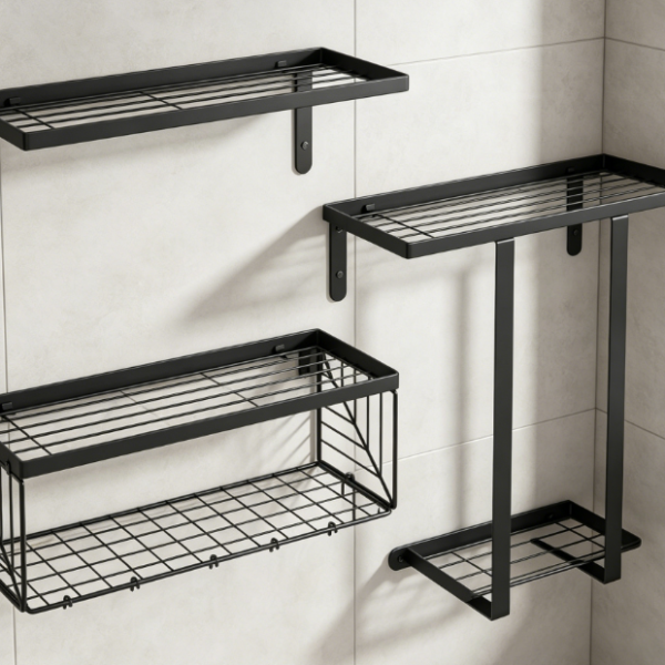 Floating Toilet Rack with Towel Bar — Black Wall-Mounted Style