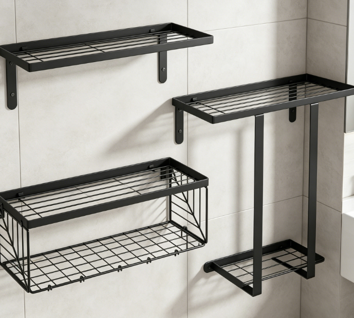 Floating Toilet Rack with Towel Bar — Black Wall-Mounted Style