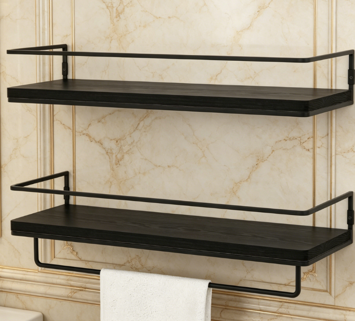 Black Metal Floating Shelf Set (2-Piece) with Towel Bar - Image 2