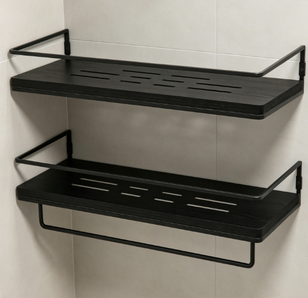 Black Metal Floating Shelf Set (2-Piece) with Towel Bar