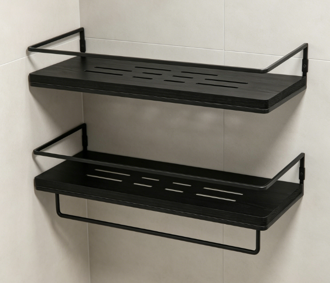 Black Metal Floating Shelf Set (2-Piece) with Towel Bar