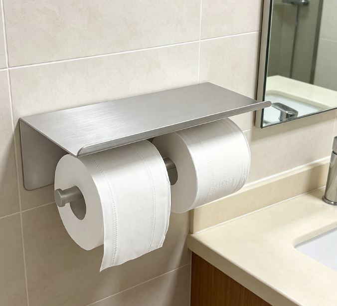 Double Toilet Paper Holder with Storage Shelf — Brushed Nickel Stainless Steel - Image 2