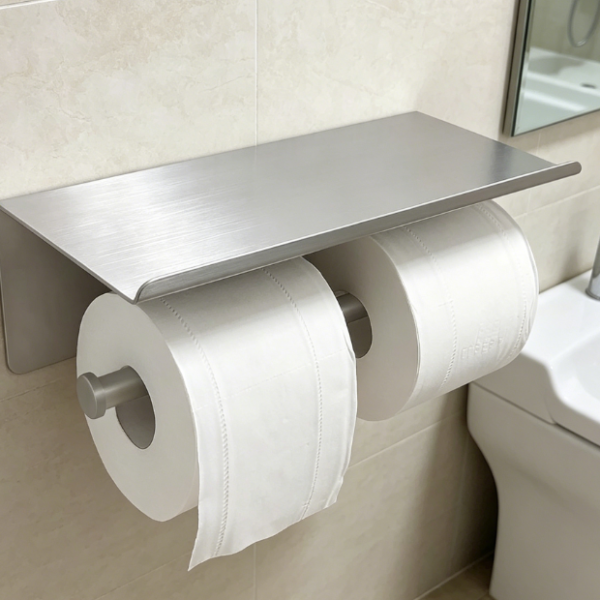 Double Toilet Paper Holder with Storage Shelf — Brushed Nickel Stainless Steel