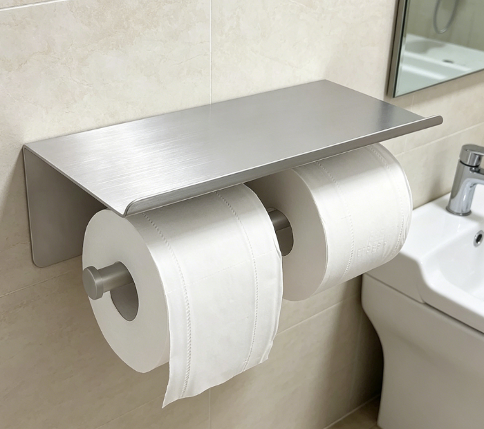 Double Toilet Paper Holder with Storage Shelf — Brushed Nickel Stainless Steel