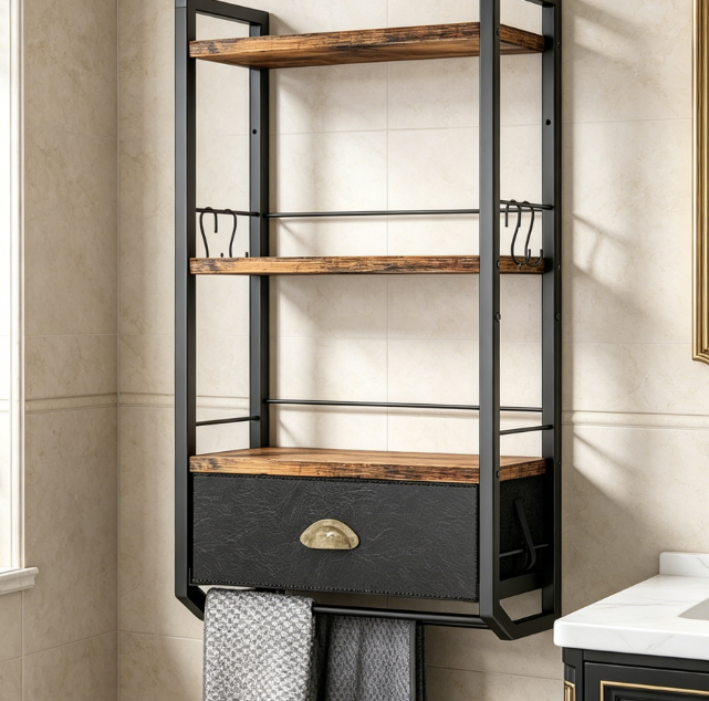 3-Tier Towel Rack with Drawer — Industrial-Style Toilet Rack - Image 2