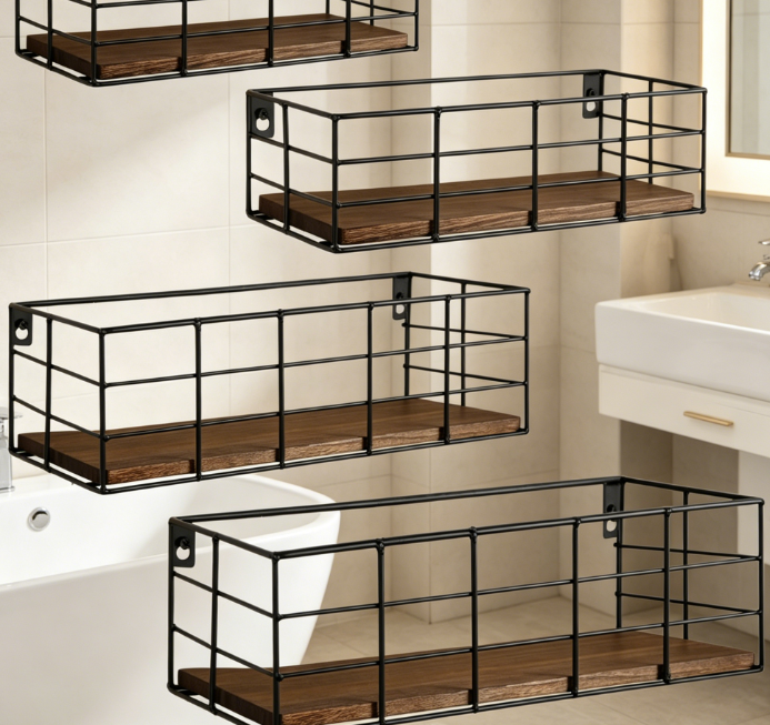 Paulownia Wood Wall Shelf — 4-Piece Bathroom Storage Set