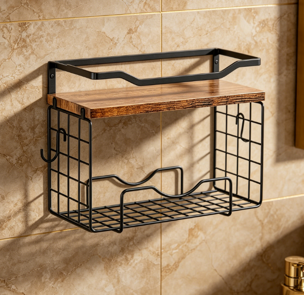 6-Tier Towel Rack with Floating Shelf — Mixed Metal & Wood Design - Image 2