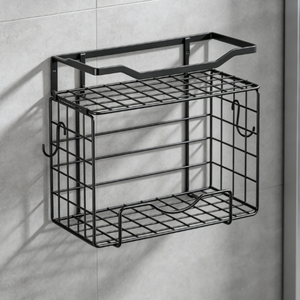 6-Tier Towel Rack with Floating Shelf — Mixed Metal & Wood Design