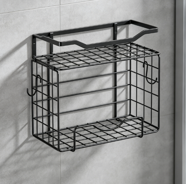 6-Tier Towel Rack with Floating Shelf — Mixed Metal & Wood Design
