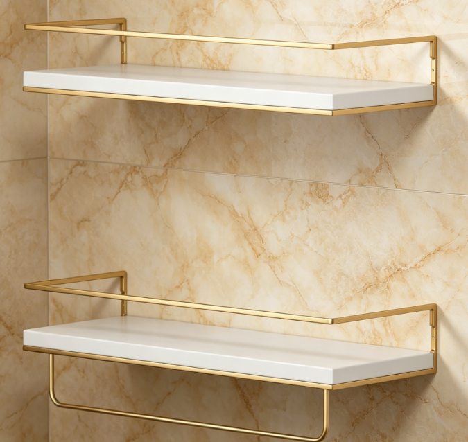 White & Gold Floating Shelf — Decorative Storage with Towel Bar - Image 2