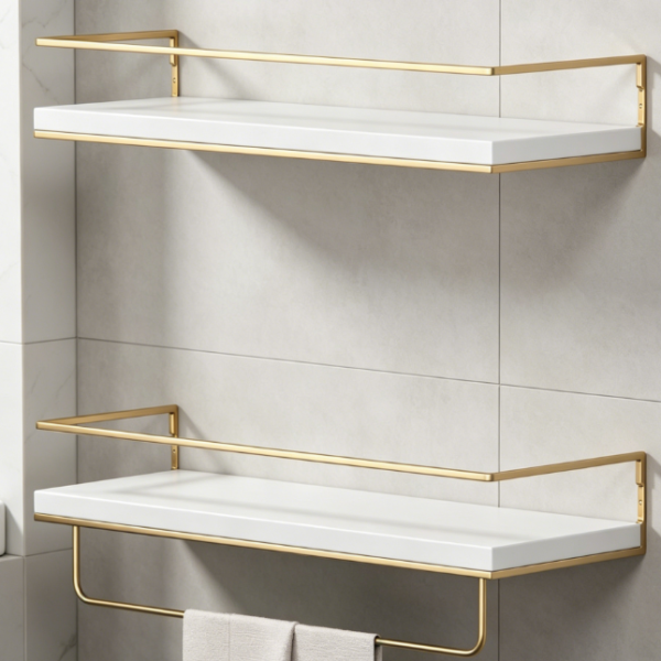 White & Gold Floating Shelf — Decorative Storage with Towel Bar