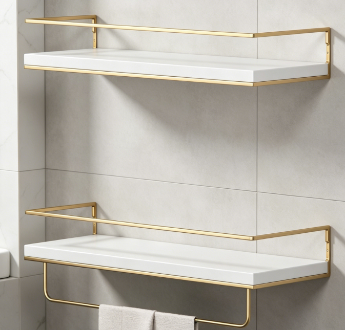 White & Gold Floating Shelf — Decorative Storage with Towel Bar