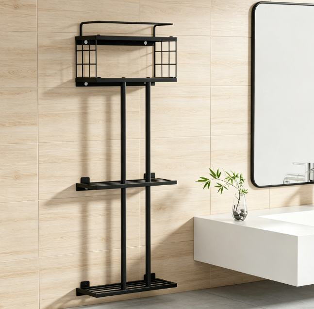 Black Metal Towel Rack — Compact 3-Tier Wall-Mounted Style - Image 2