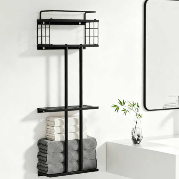 Black Metal Towel Rack — Compact 3-Tier Wall-Mounted Style