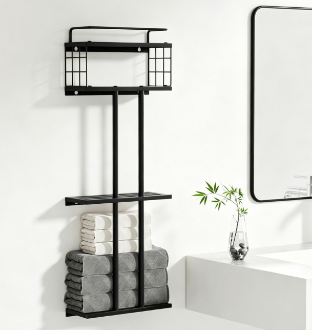 Black Metal Towel Rack — Compact 3-Tier Wall-Mounted Style