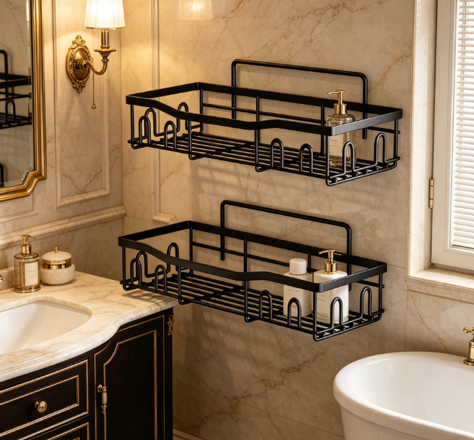Black Stainless Steel Shower Caddy — No-Drill Wall-Mounted Storage - Image 2