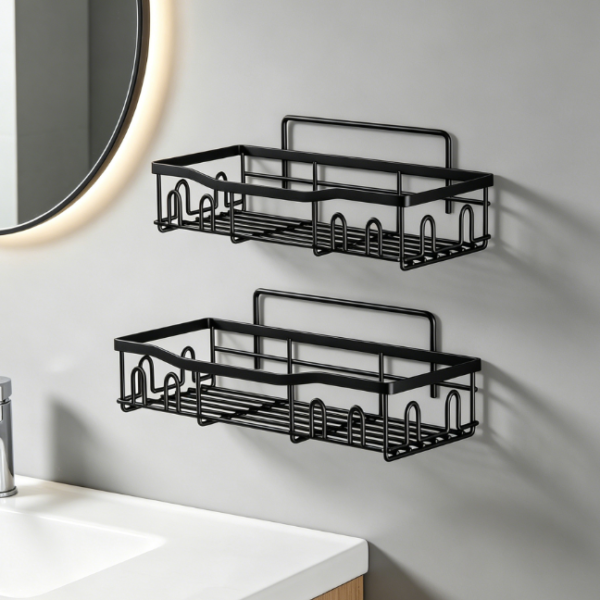 Black Stainless Steel Shower Caddy — No-Drill Wall-Mounted Storage