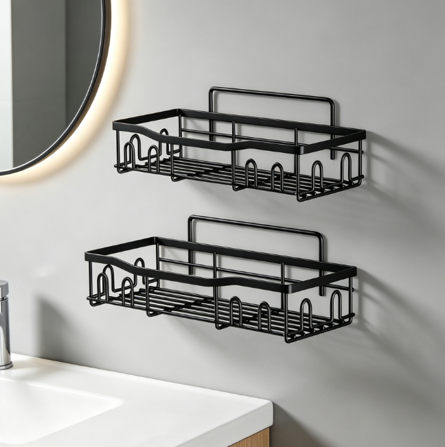 Black Stainless Steel Shower Caddy — No-Drill Wall-Mounted Storage