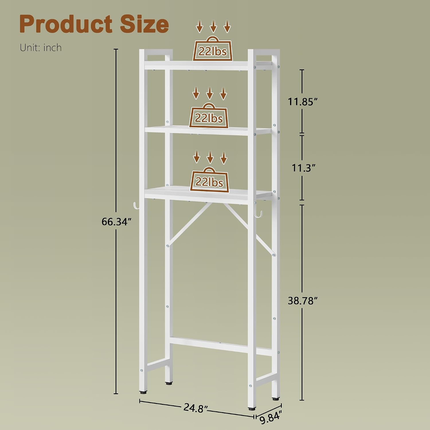 3-Tier Metal Freestanding Over-The-Toilet Rack With Hooks - Image 2