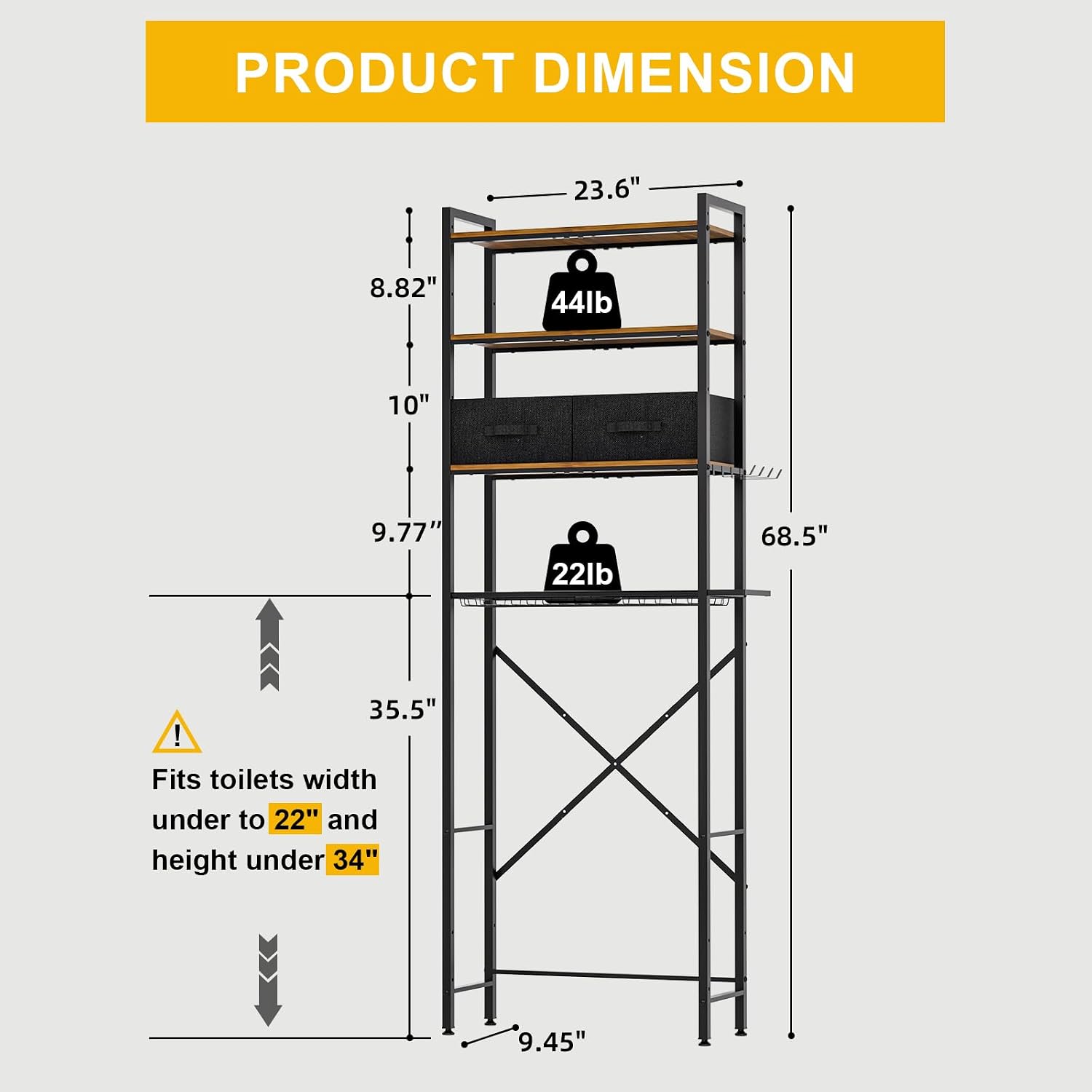 Over-The-Toilet Rack With Adjustable Wooden Shelves And Fabric Drawers - Image 2