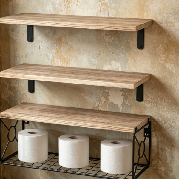 Natural Wood Floating Shelf with Storage Basket — Wall Decor