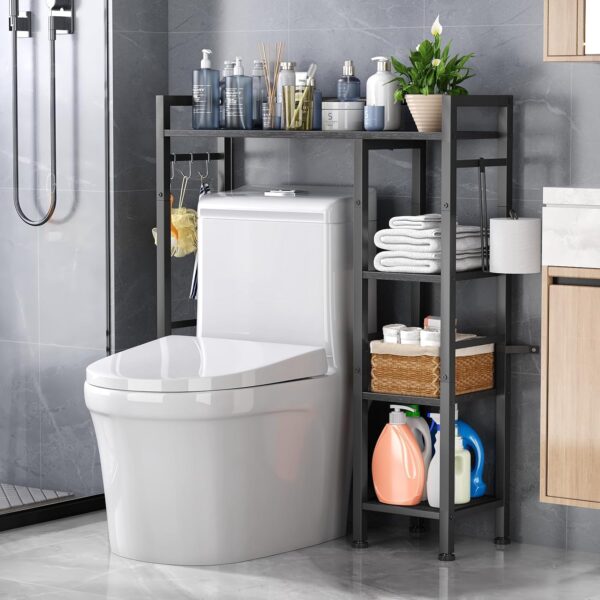 4-Tier Over-The-Toilet Rack With Side Shelves And Wooden Top