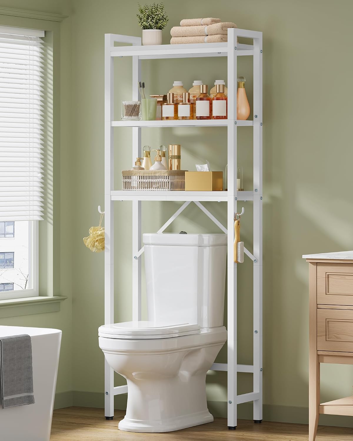 3-Tier Metal Freestanding Over-The-Toilet Rack With Hooks
