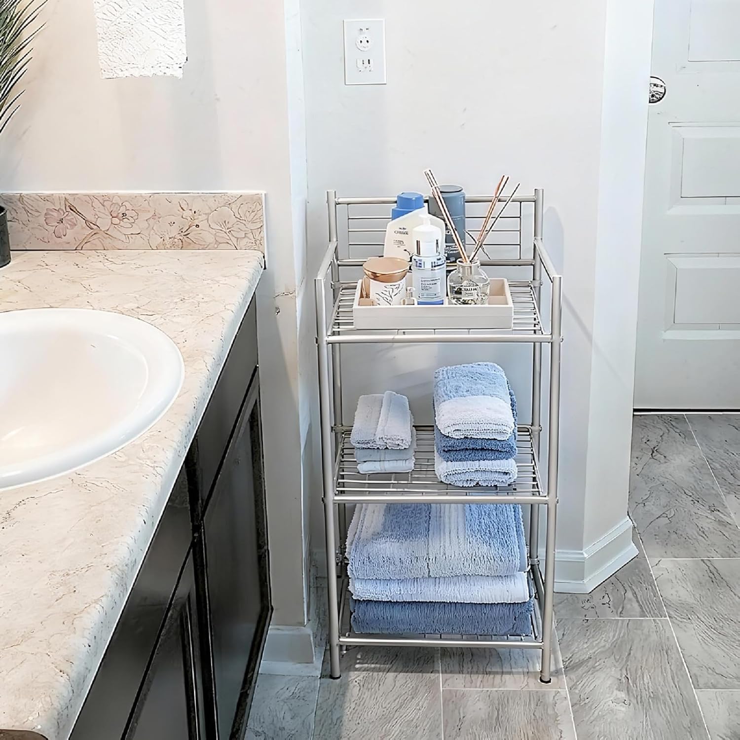3-Tier Metal Freestanding Shelf/Towel Rack With Adjustable Feet