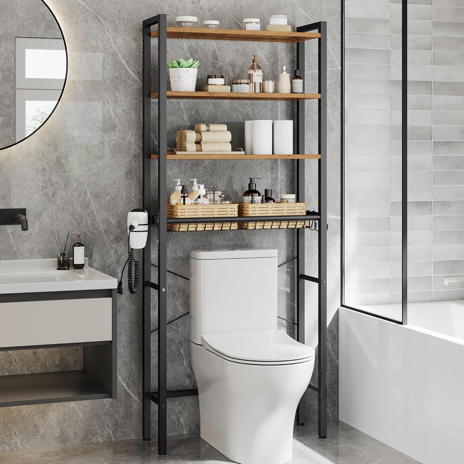 4-Tier Over-The-Toilet Rack With Adjustable Shelves And Storage Baskets