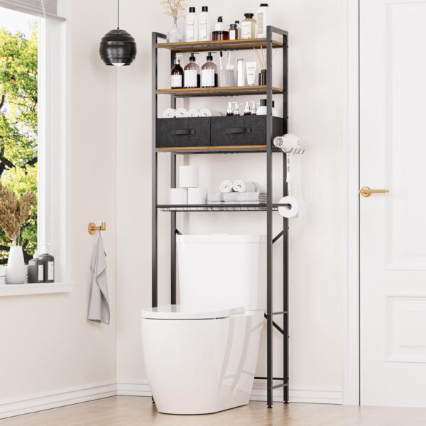 Over-The-Toilet Rack With Adjustable Wooden Shelves And Fabric Drawers