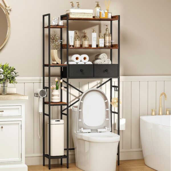 7-Tier Over-The-Toilet Rack With Fabric Drawers And Side Shelves