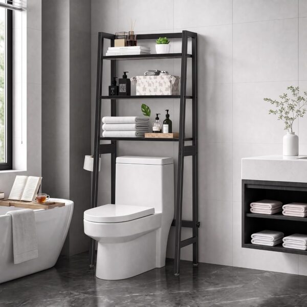 3-Tier Wooden Over-The-Toilet Rack With Paper Holder And Hooks