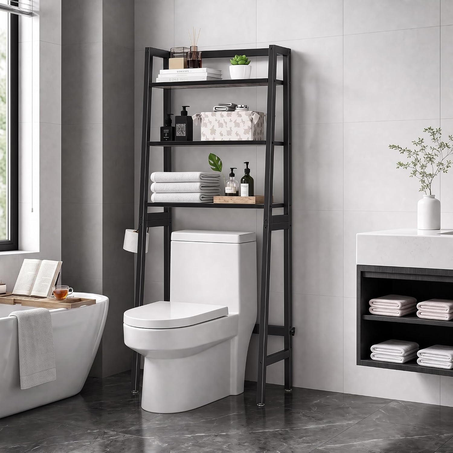 3-Tier Wooden Over-The-Toilet Rack With Paper Holder And Hooks