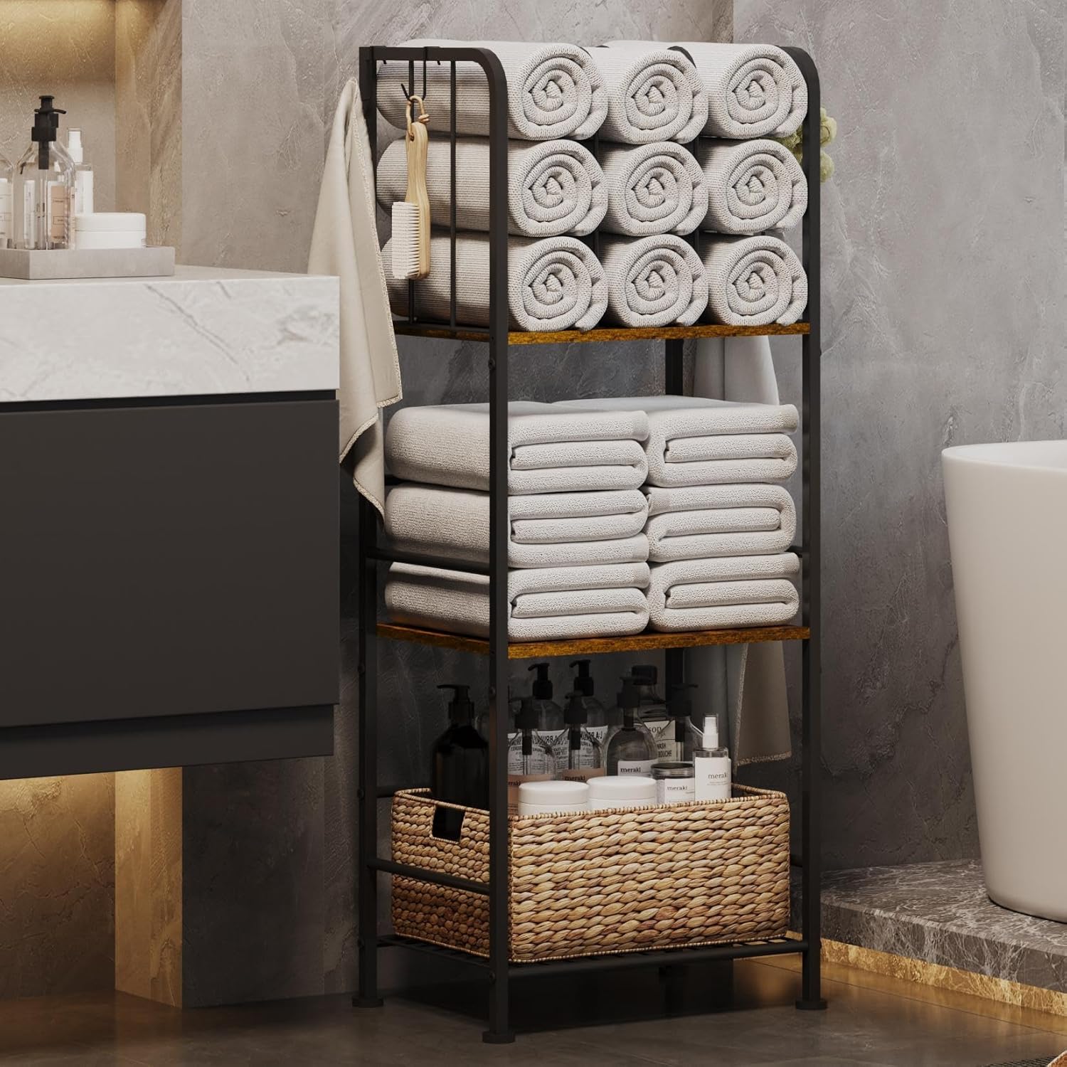 3-Tier Freestanding Towel Rack/Cabinet With Metal Frame