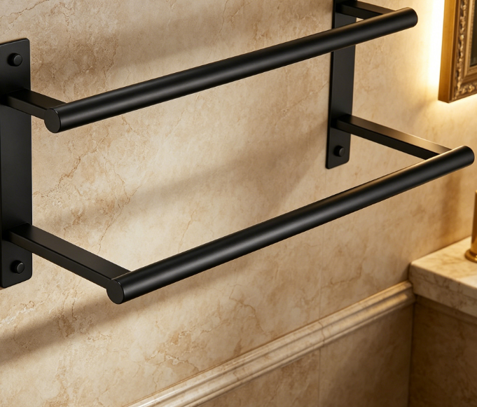 Double-Bar Stainless Steel Towel Rack — Matte Black Bathroom Accessory - Image 2