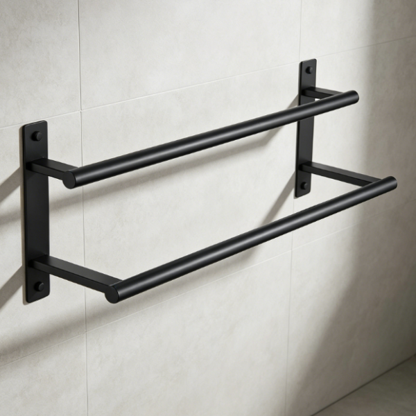 Double-Bar Stainless Steel Towel Rack — Matte Black Bathroom Accessory