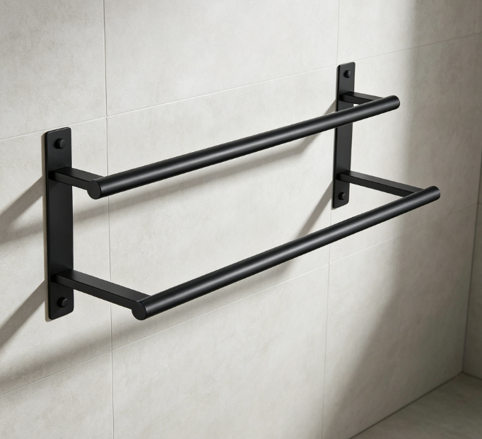 Double-Bar Stainless Steel Towel Rack — Matte Black Bathroom Accessory
